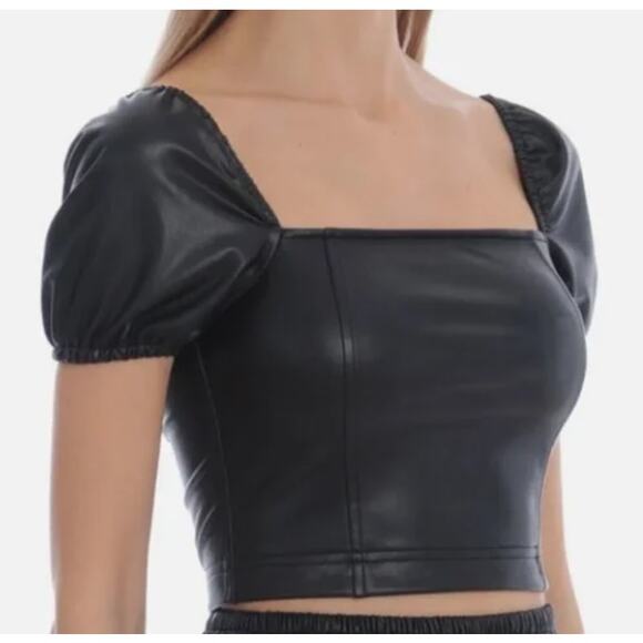 Avec Les Filles LARGE Faux Leather Puffy Sleeve Zipper Back Square Neck Crop Top - Picture 7 of 13